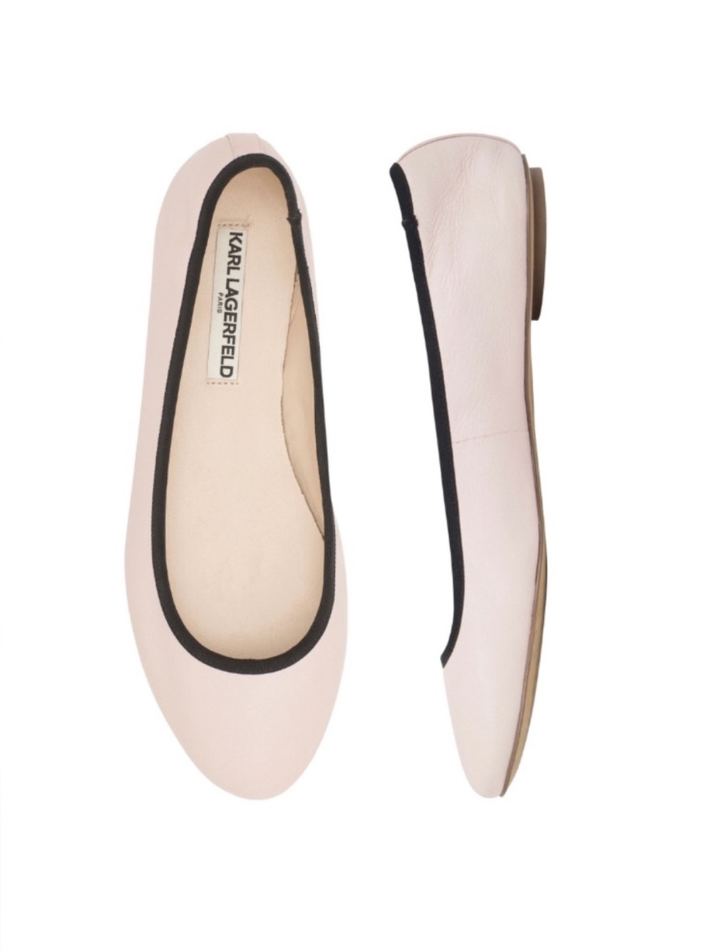 Karl Lagerfeld Leroux leather ballet flats, blush pink black trim, sz 7